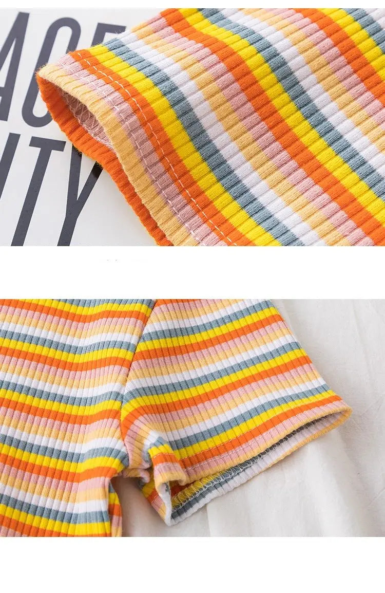 Women's short navel-baring rainbow striped tight T-shirt nowadaysfashion