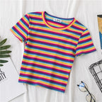 Women's short navel-baring rainbow striped tight T-shirt nowadaysfashion