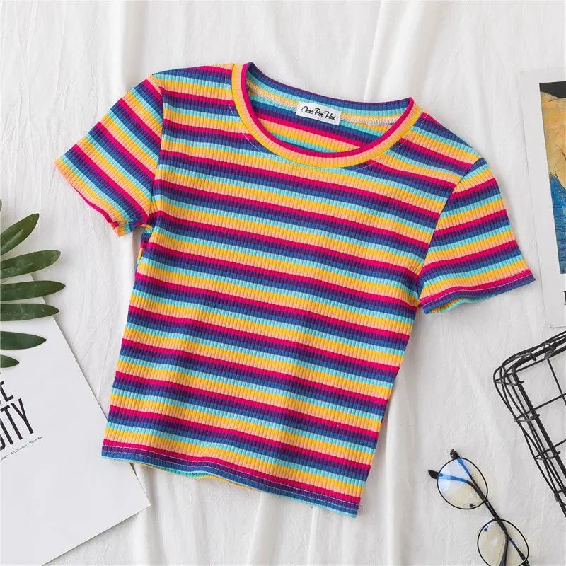 Women's short navel-baring rainbow striped tight T-shirt - Blade & Thread