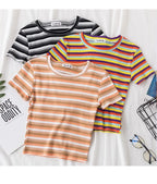 Women's short navel-baring rainbow striped tight T-shirt nowadaysfashion