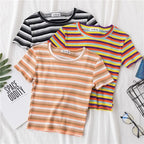 Women's short navel-baring rainbow striped tight T-shirt nowadaysfashion
