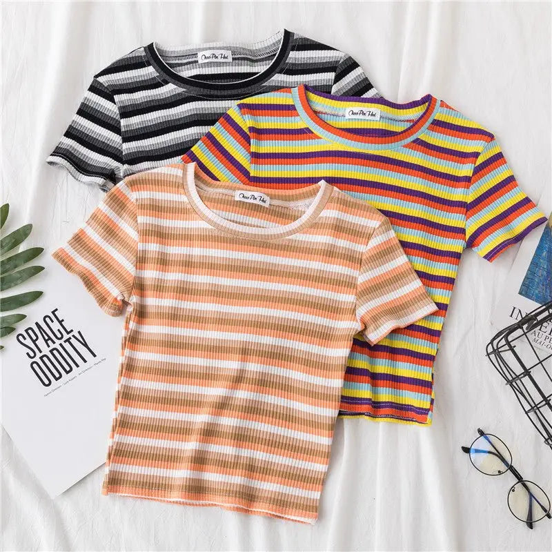 Women's short navel-baring rainbow striped tight T-shirt nowadaysfashion
