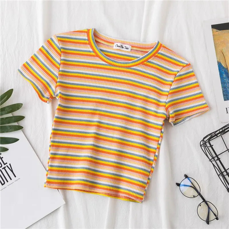 Women's short navel-baring rainbow striped tight T-shirt - Blade & Thread