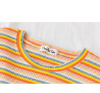 Women's short navel-baring rainbow striped tight T-shirt nowadaysfashion