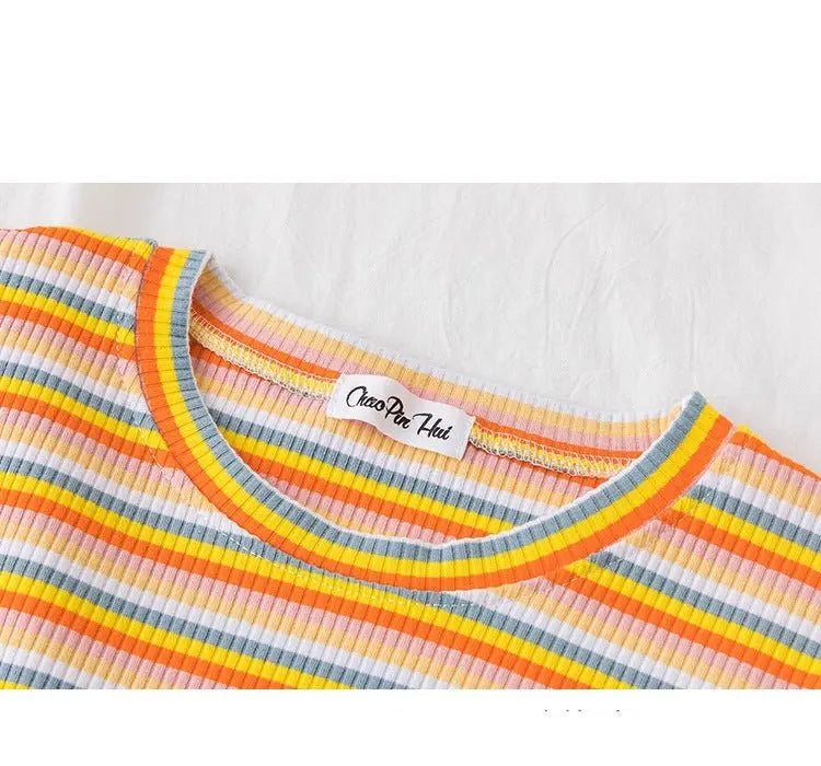 Women's short navel-baring rainbow striped tight T-shirt - Blade & Thread