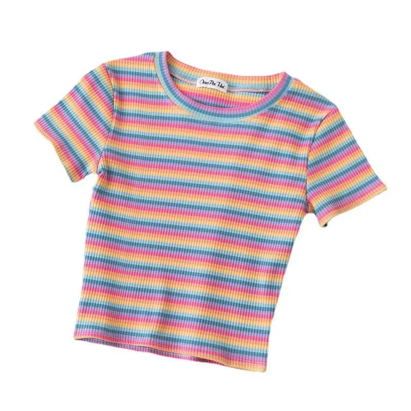Women's short navel-baring rainbow striped tight T-shirt - Blade & Thread