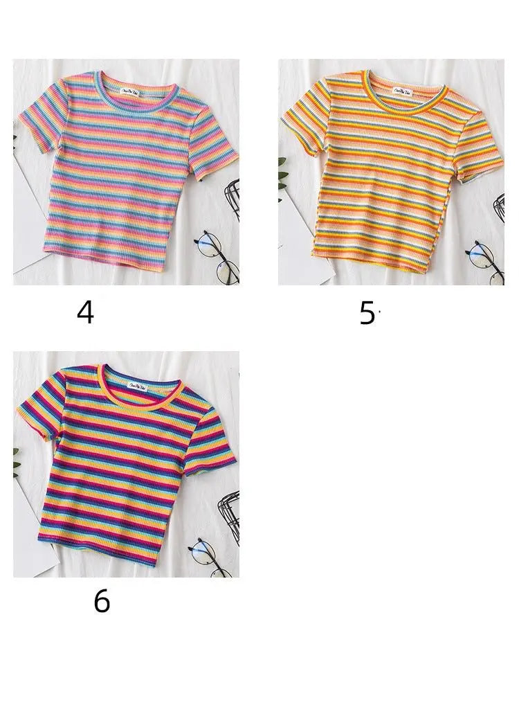 Women's short navel-baring rainbow striped tight T-shirt nowadaysfashion