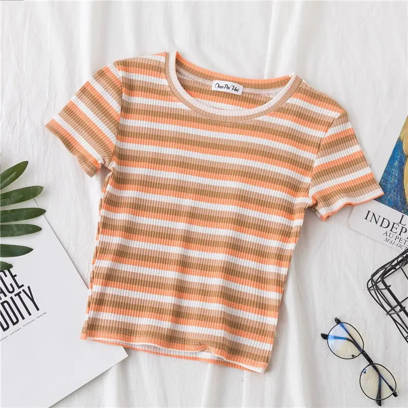 Women's short navel-baring rainbow striped tight T-shirt - Blade & Thread