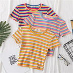 Women's short navel-baring rainbow striped tight T-shirt nowadaysfashion