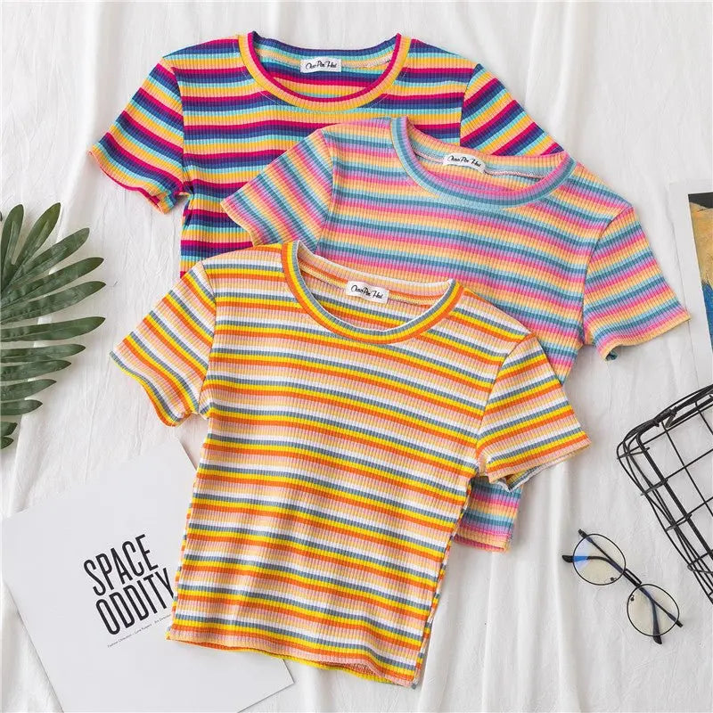 Women's short navel-baring rainbow striped tight T-shirt - Blade & Thread