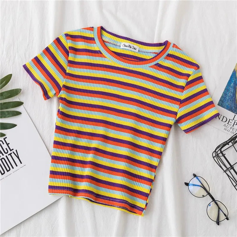 Women's short navel-baring rainbow striped tight T-shirt nowadaysfashion