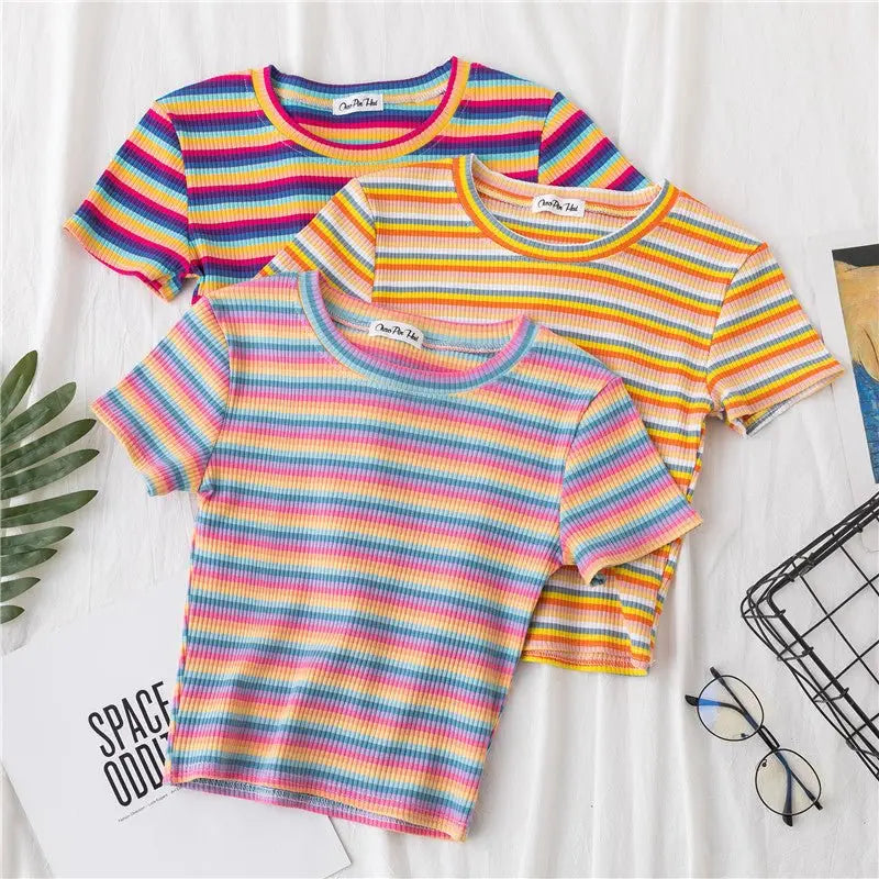 Women's short navel-baring rainbow striped tight T-shirt - Blade & Thread