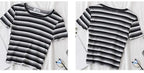 Women's short navel-baring rainbow striped tight T-shirt nowadaysfashion