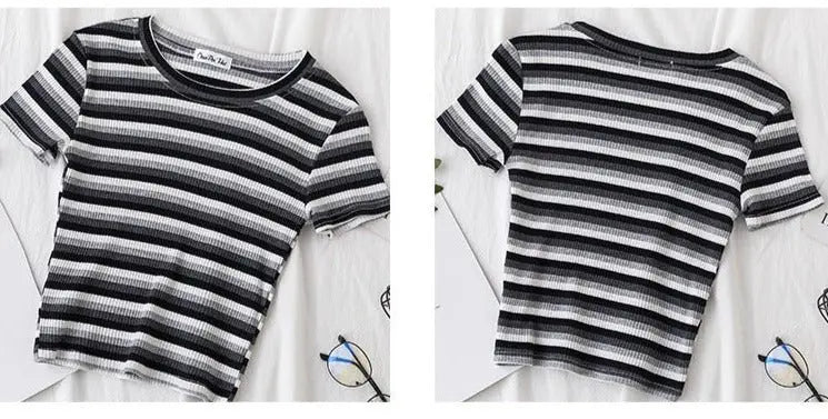 Women's short navel-baring rainbow striped tight T-shirt - Blade & Thread
