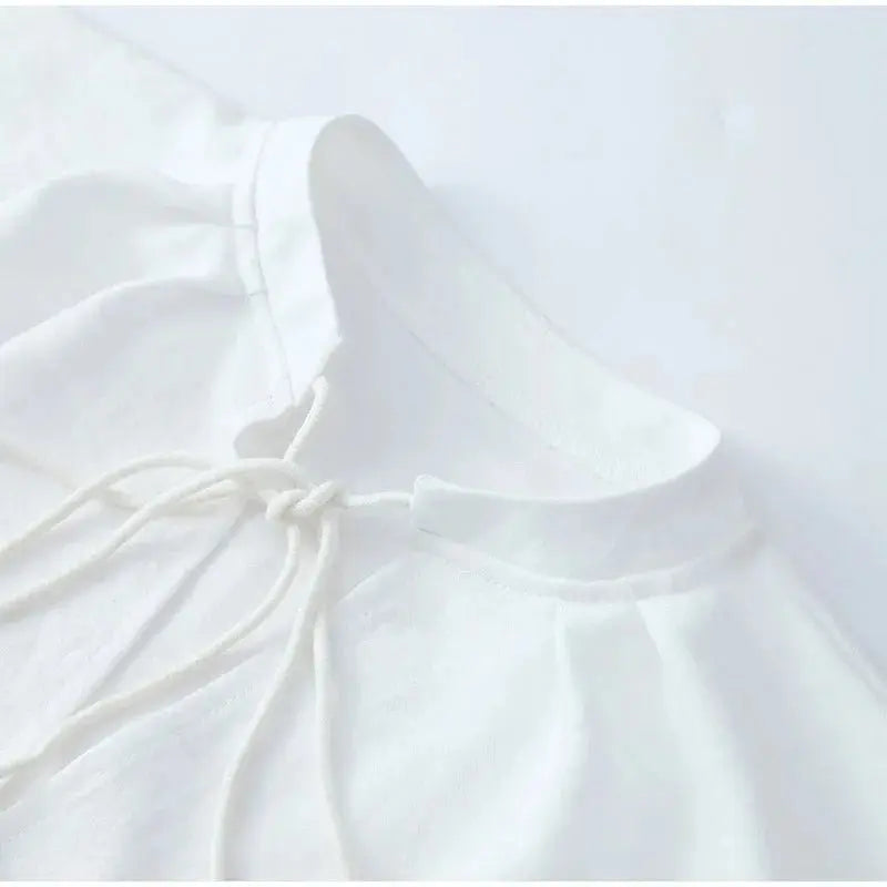 Women's Solid Cotton Linen Ruffle Shorts Suit V-neck Long Sleeve Drawstring Loose 2 Pieces Set nowadaysfashion