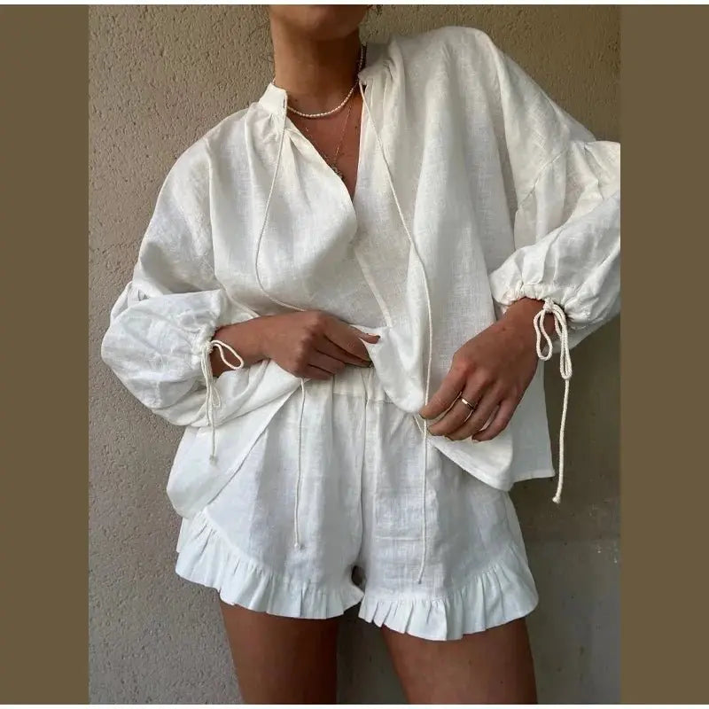 Women's Solid Cotton Linen Ruffle Shorts Suit V-neck Long Sleeve Drawstring Loose 2 Pieces Set nowadaysfashion