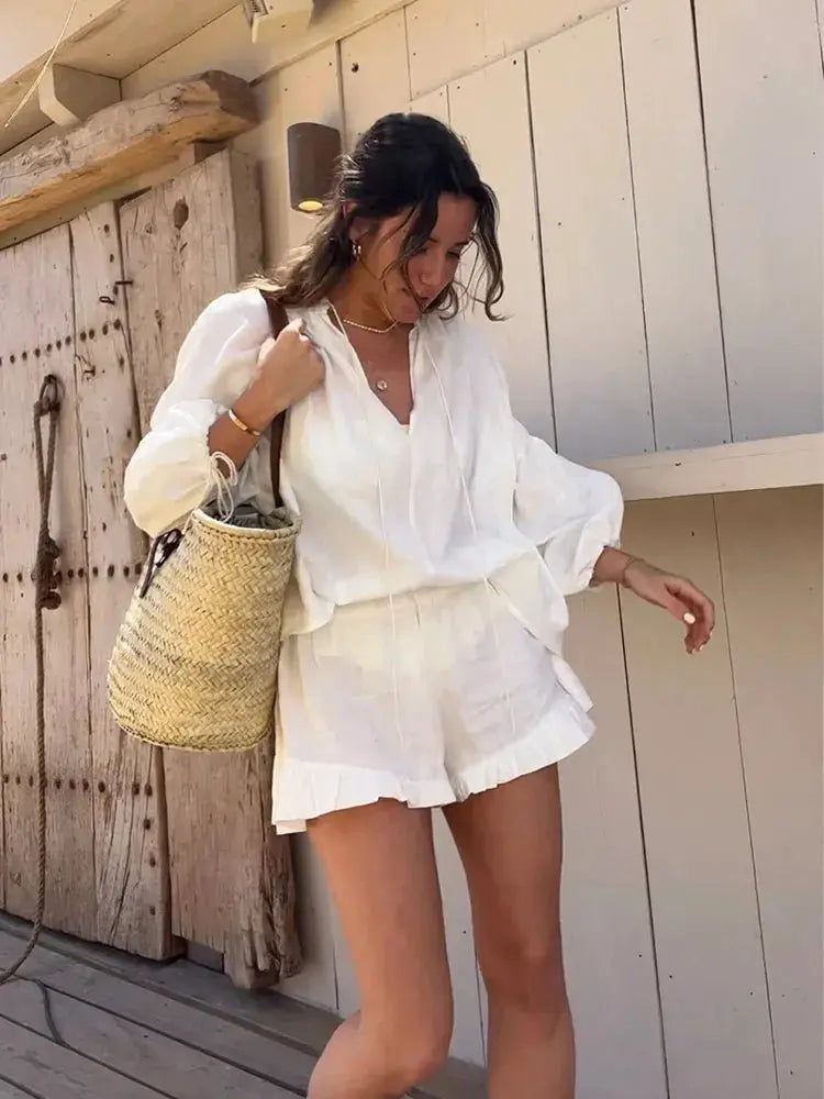 Women's Solid Cotton Linen Ruffle Shorts Suit V-neck Long Sleeve Drawstring Loose 2 Pieces Set - Blade & Thread