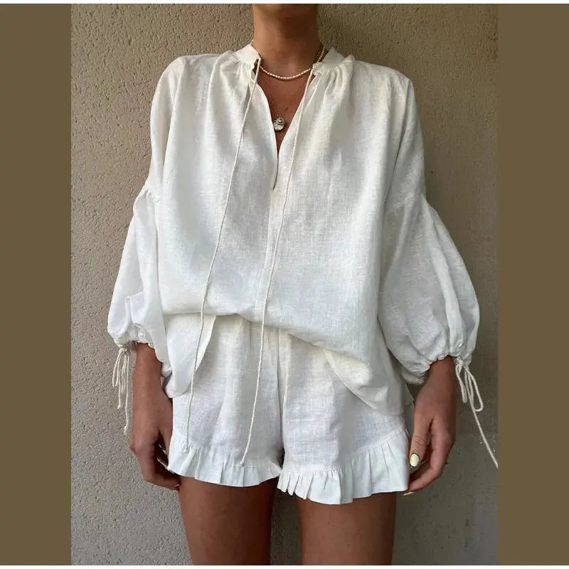 Women's Solid Cotton Linen Ruffle Shorts Suit V-neck Long Sleeve Drawstring Loose 2 Pieces Set nowadaysfashion