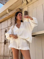 Women's Solid Cotton Linen Ruffle Shorts Suit V-neck Long Sleeve Drawstring Loose 2 Pieces Set nowadaysfashion