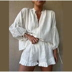 Women's Solid Cotton Linen Ruffle Shorts Suit V-neck Long Sleeve Drawstring Loose 2 Pieces Set nowadaysfashion