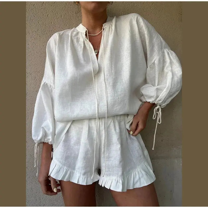 Women's Solid Cotton Linen Ruffle Shorts Suit V-neck Long Sleeve Drawstring Loose 2 Pieces Set nowadaysfashion
