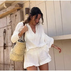 Women's Solid Cotton Linen Ruffle Shorts Suit V-neck Long Sleeve Drawstring Loose 2 Pieces Set nowadaysfashion