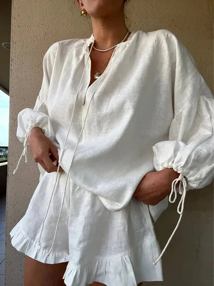 Women's Solid Cotton Linen Ruffle Shorts Suit V-neck Long Sleeve Drawstring Loose 2 Pieces Set - Blade & Thread