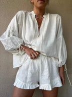 Women's Solid Cotton Linen Ruffle Shorts Suit V-neck Long Sleeve Drawstring Loose 2 Pieces Set nowadaysfashion