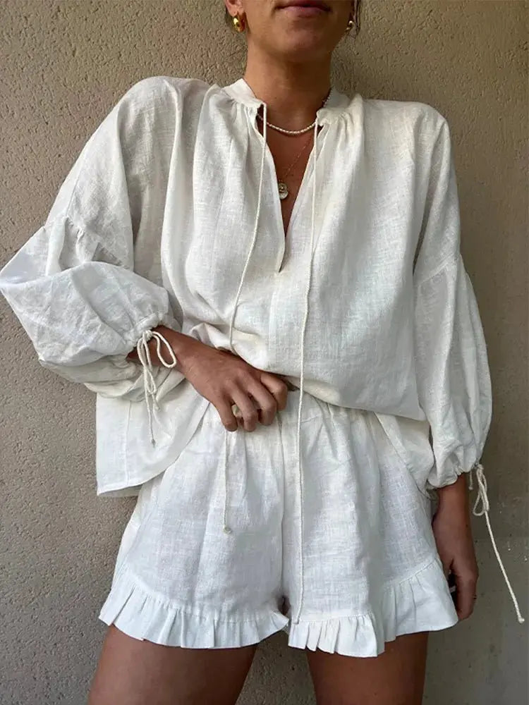 Women's Solid Cotton Linen Ruffle Shorts Suit V-neck Long Sleeve Drawstring Loose 2 Pieces Set - Blade & Thread