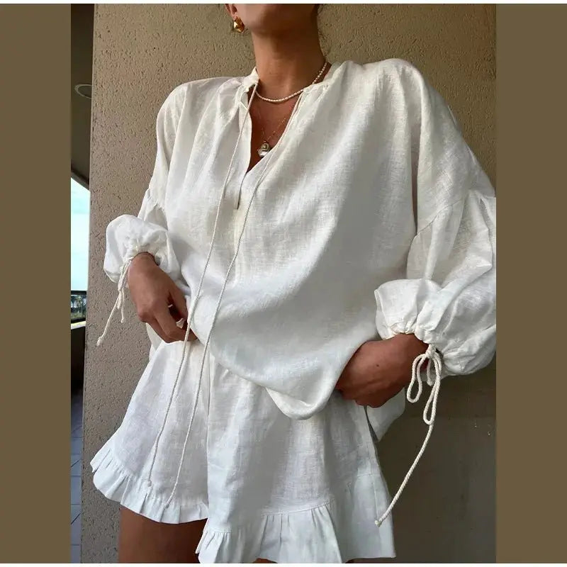 Women's Solid Cotton Linen Ruffle Shorts Suit V-neck Long Sleeve Drawstring Loose 2 Pieces Set - Blade & Thread