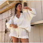 Women's Solid Cotton Linen Ruffle Shorts Suit V-neck Long Sleeve Drawstring Loose 2 Pieces Set nowadaysfashion