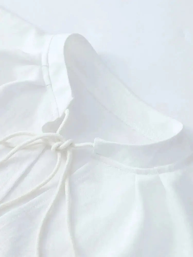 Women's Solid Cotton Linen Ruffle Shorts Suit V-neck Long Sleeve Drawstring Loose 2 Pieces Set - Blade & Thread