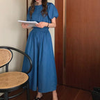 Women's Summer Cotton Denim Sets of Skirts Suit Chic Puff Sleeve Short Top with Umbrella Skirt nowadaysfashion