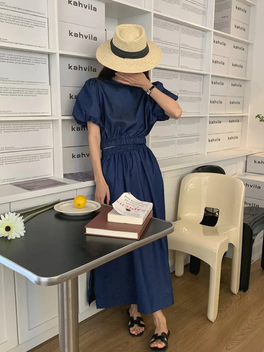 Women's Summer Cotton Denim Sets of Skirts Suit Chic Puff Sleeve Short Top with Umbrella Skirt - Blade & Thread