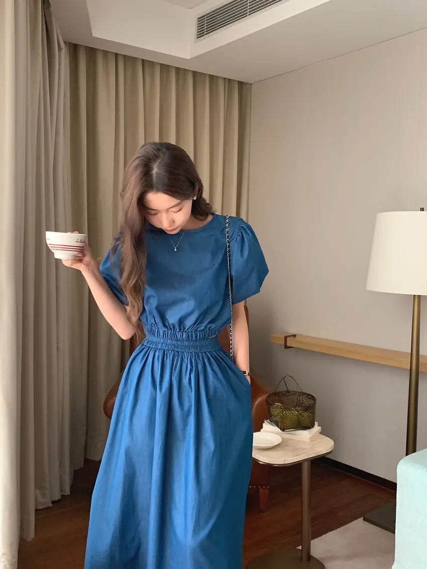 Women's Summer Cotton Denim Sets of Skirts Suit Chic Puff Sleeve Short Top with Umbrella Skirt nowadaysfashion