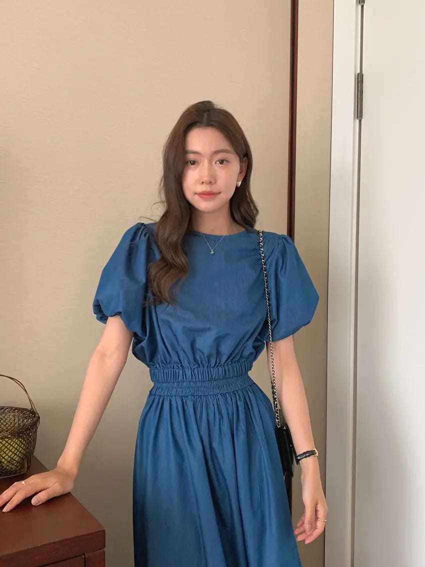Women's Summer Cotton Denim Sets of Skirts Suit Chic Puff Sleeve Short Top with Umbrella Skirt - Blade & Thread