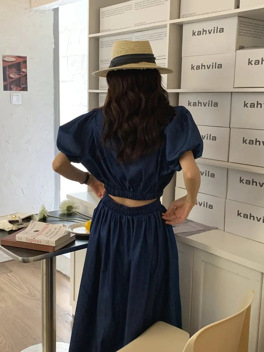 Women's Summer Cotton Denim Sets of Skirts Suit Chic Puff Sleeve Short Top with Umbrella Skirt - Blade & Thread