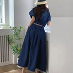 Women's Summer Cotton Denim Sets of Skirts Suit Chic Puff Sleeve Short Top with Umbrella Skirt nowadaysfashion