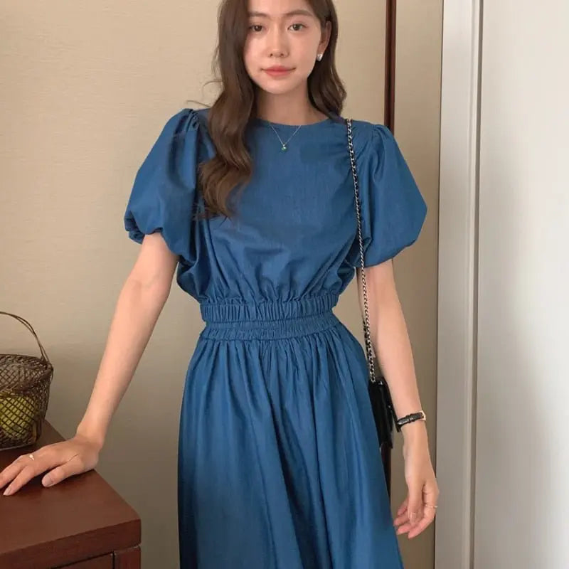 Women's Summer Cotton Denim Sets of Skirts Suit Chic Puff Sleeve Short Top with Umbrella Skirt - Blade & Thread