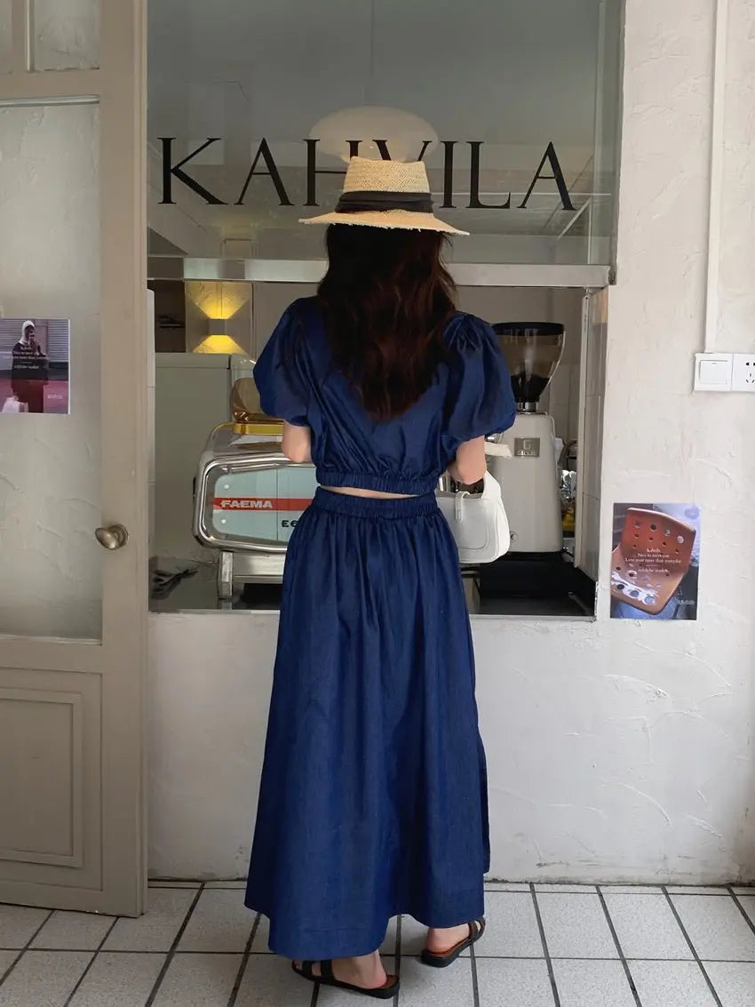 Women's Summer Cotton Denim Sets of Skirts Suit Chic Puff Sleeve Short Top with Umbrella Skirt - Blade & Thread