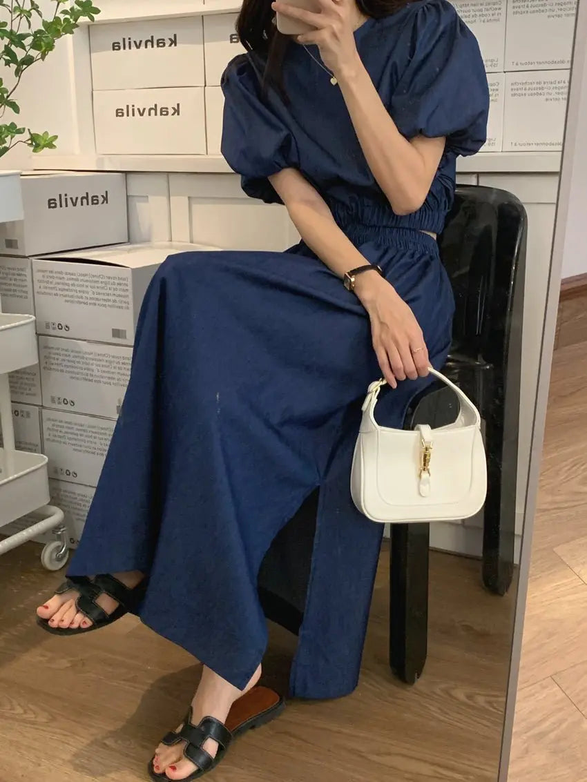 Women's Summer Cotton Denim Sets of Skirts Suit Chic Puff Sleeve Short Top with Umbrella Skirt - Blade & Thread
