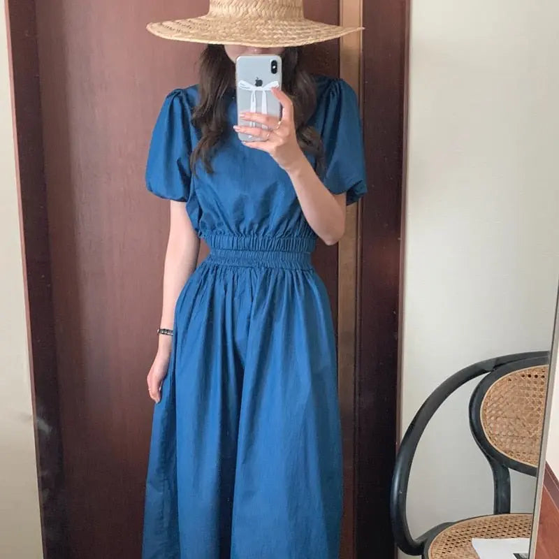Women's Summer Cotton Denim Sets of Skirts Suit Chic Puff Sleeve Short Top with Umbrella Skirt - Blade & Thread
