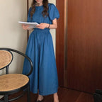 Women's Summer Cotton Denim Sets of Skirts Suit Chic Puff Sleeve Short Top with Umbrella Skirt nowadaysfashion