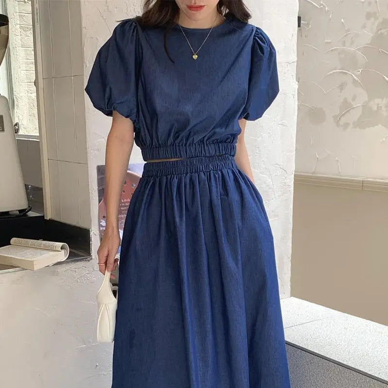 Women's Summer Cotton Denim Sets of Skirts Suit Chic Puff Sleeve Short Top with Umbrella Skirt - Blade & Thread