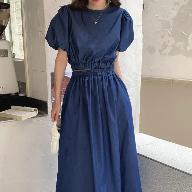 Women's Summer Cotton Denim Sets of Skirts Suit Chic Puff Sleeve Short Top with Umbrella Skirt - Blade & Thread