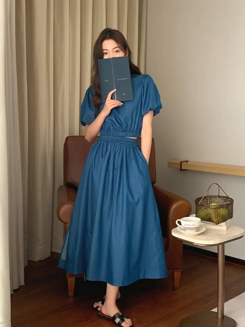 Women's Summer Cotton Denim Sets of Skirts Suit Chic Puff Sleeve Short Top with Umbrella Skirt - Blade & Thread