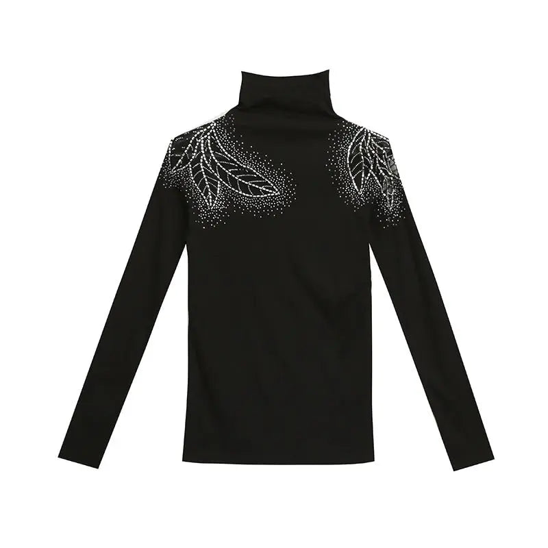 Women's Tops Shirt Casual Turtleneck Long Sleeve Hollow Out Hot Drilling Mesh T-Shirt nowadaysfashion