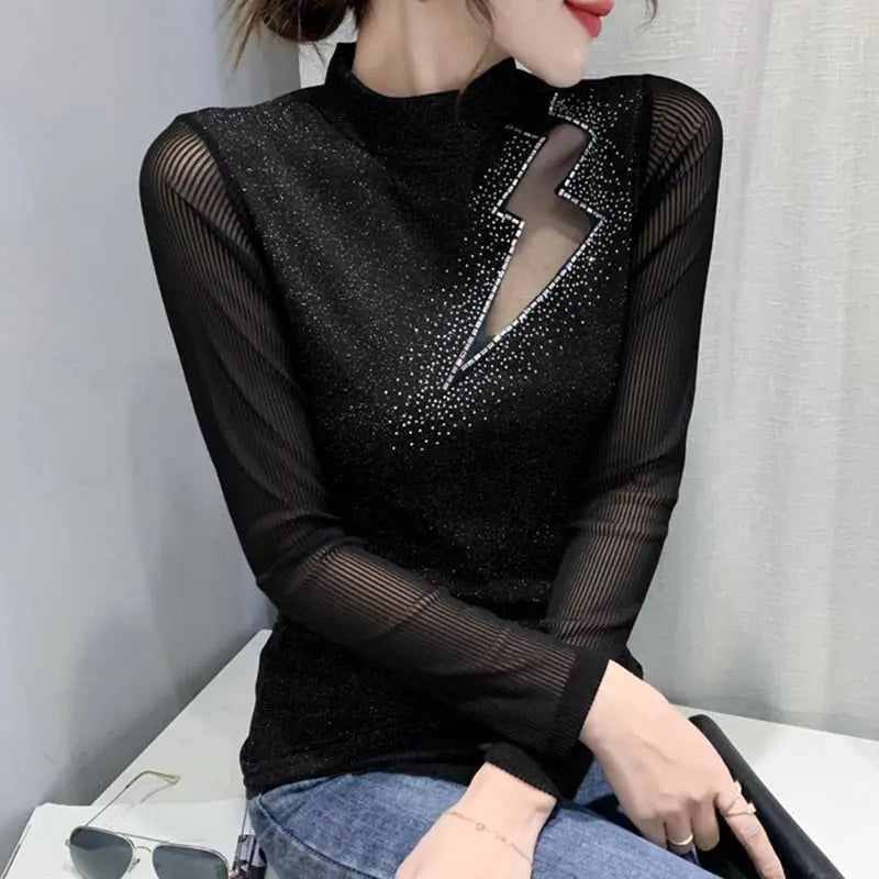 Women's Tops Shirt Casual Turtleneck Long Sleeve Hollow Out Hot Drilling Mesh T-Shirt - Blade & Thread