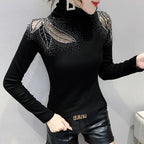 Women's Tops Shirt Casual Turtleneck Long Sleeve Hollow Out Hot Drilling Mesh T-Shirt nowadaysfashion