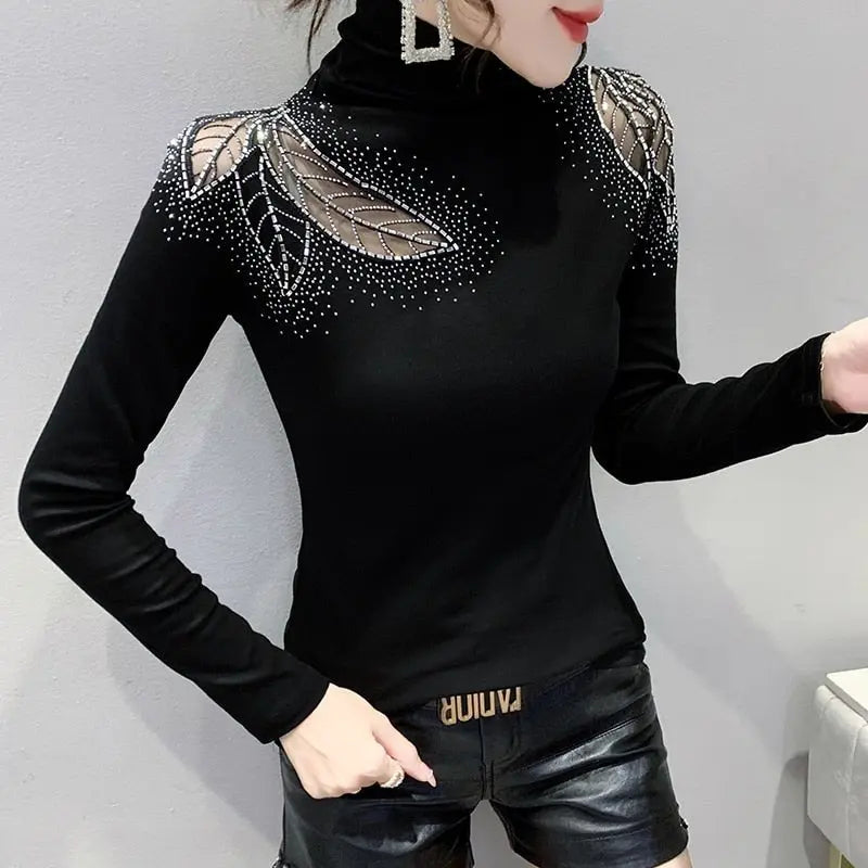 Women's Tops Shirt Casual Turtleneck Long Sleeve Hollow Out Hot Drilling Mesh T-Shirt - Blade & Thread